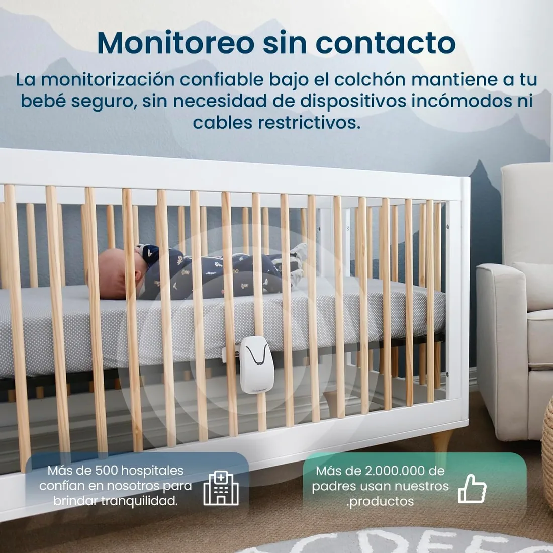 Babysense Monitor para Bebés con Alertas de Respiración en Tiempo Real, Notificaciones de Irregularidad, Certificación Médica Monitor sin Contacto, Cobertura Completa con 2 Sensores foto 2