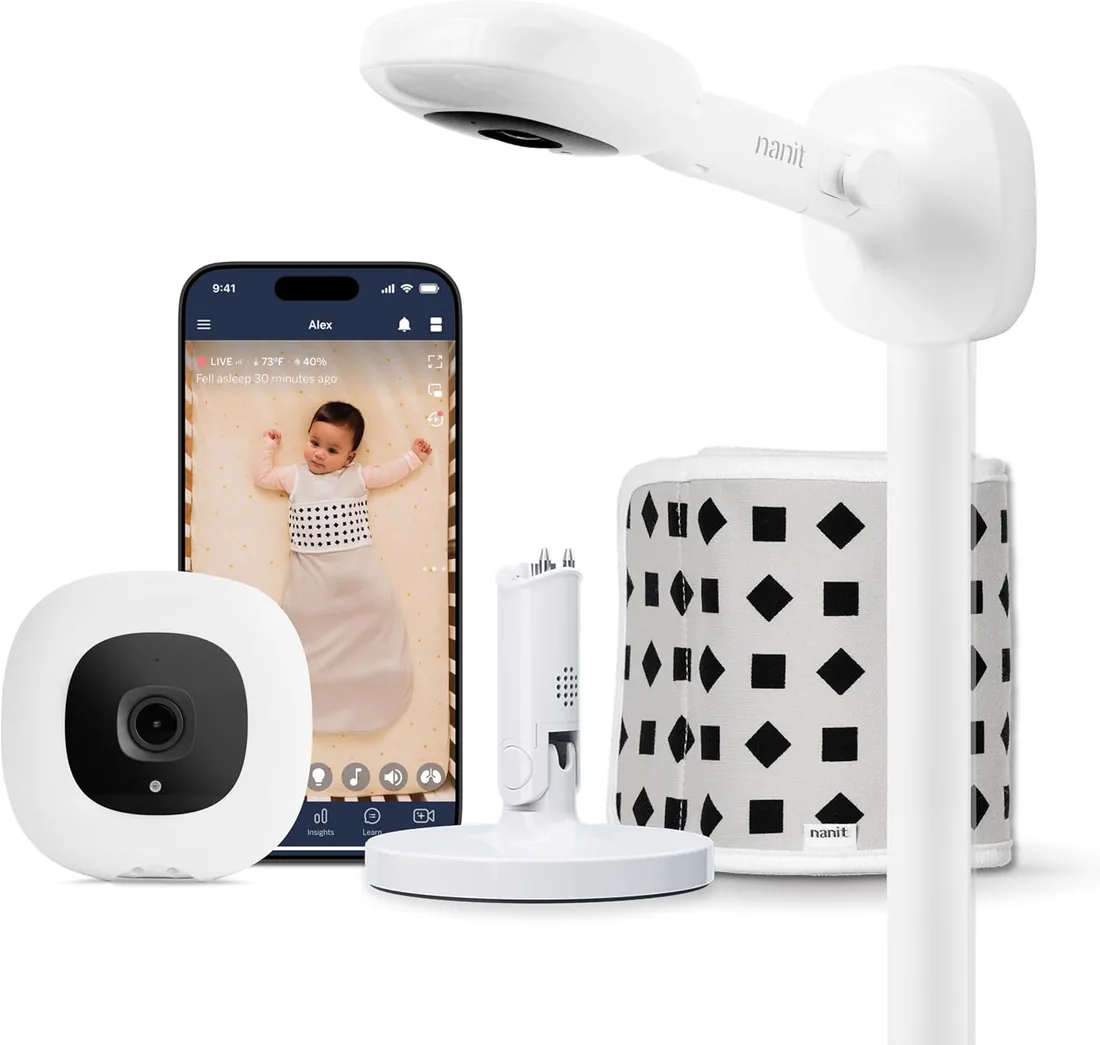 Nanit Pro Baby Monitor Bundle, 1080p Wi-Fi, Alerta de llanto y Tos, Seguimiento del sueño, Montaje en Pared, monitoreo de Movimiento respiratorio, Compatible con Smartphones y tabletas