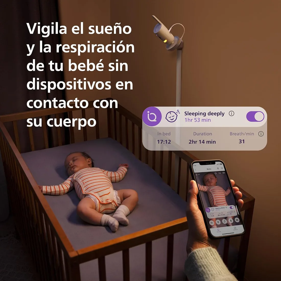 Philips Avent vigilabebés conectado Premium, el monitor más avanzado de Avent hasta la fecha, seguimiento del sueño y la respiración por IA, traducción del llanto, SCD973/26 foto 3