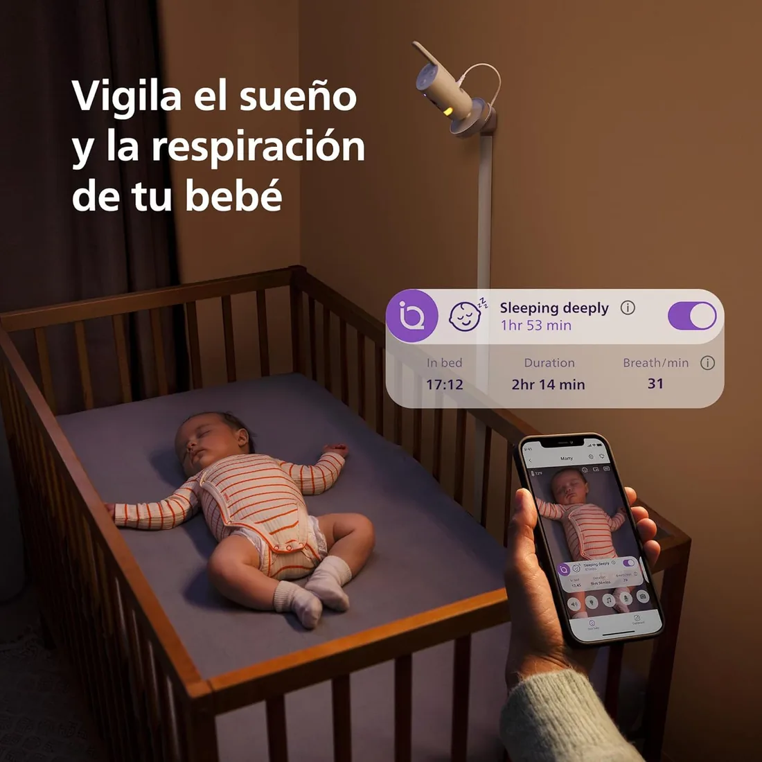 PHILIPS Avent Vigilabebés Premium con App - Cámara HD de 1080 píxeles, Seguimiento del sueño y la respiración con IA, traducción del llanto, Certificado DEKRA, Montaje en Pared, SCD974/26 foto 2