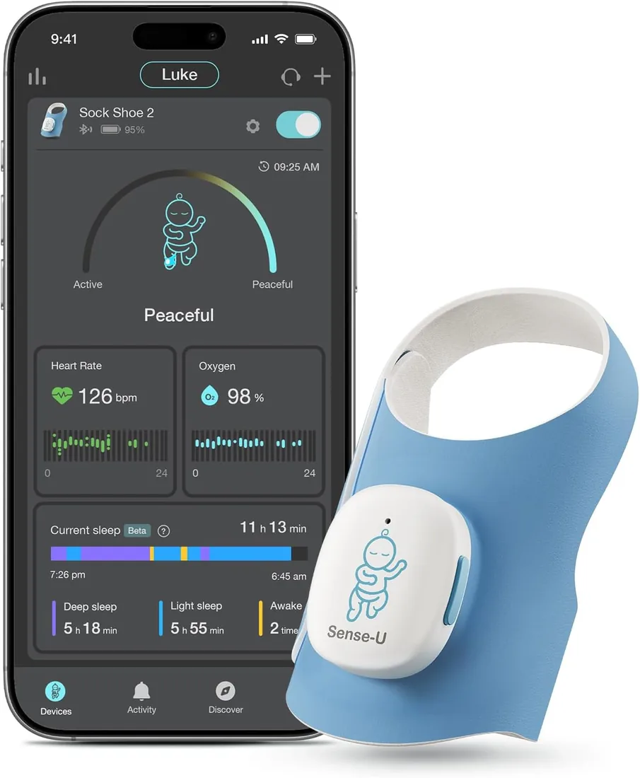 Sense-U Smart Sock Shoe 2 - Monitor de bebé - Rastrea la frecuencia cardíaca y los patrones de sueño con sensor de pie PPG transmisivo, durante 1-12 meses