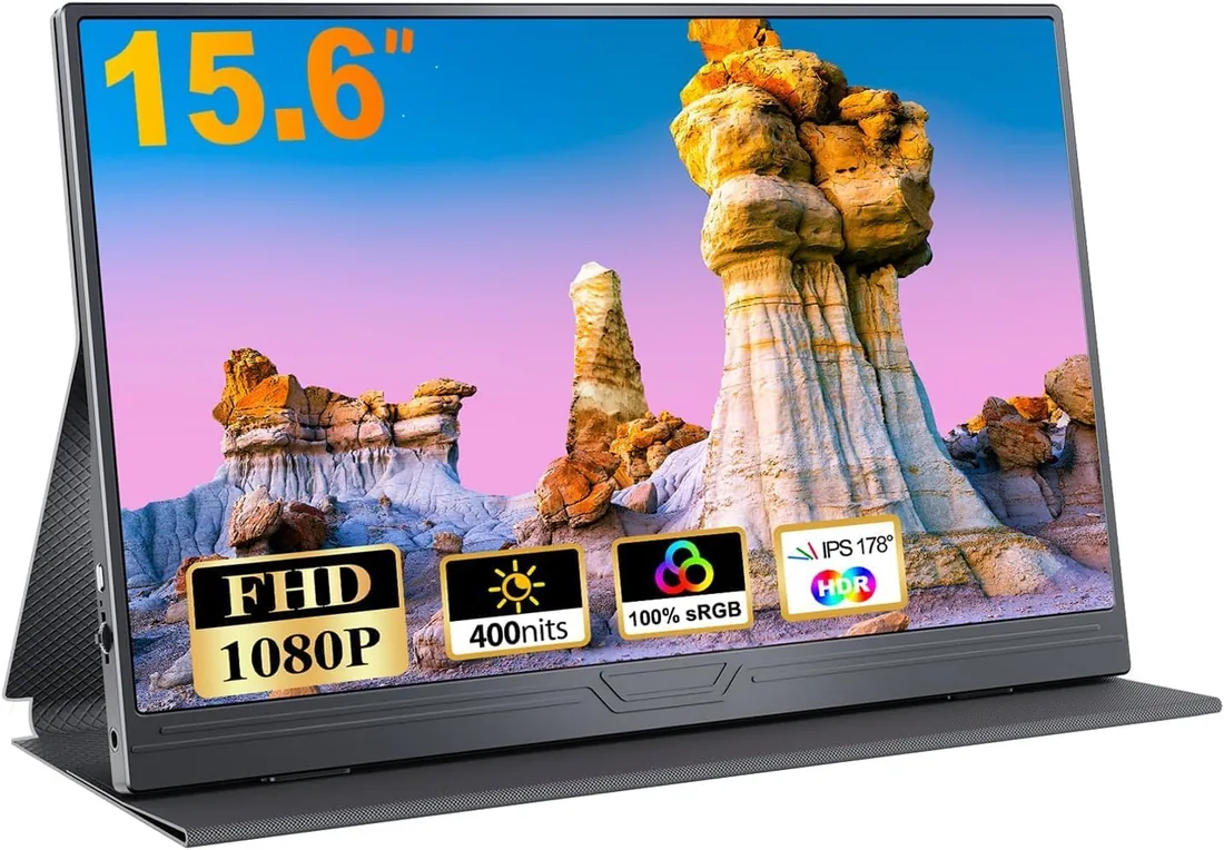 15.6" Portable Monitor USB-C Display, 1080P HDR, with Stand Cover | IPS Mini HDMI Display and Built-in Dual Speaker