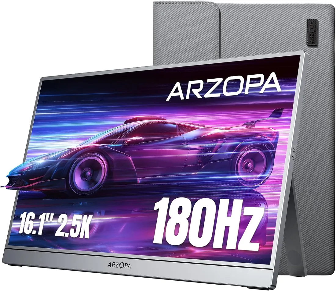 ARZOPA Monitor Portátil 16,1" 2.5K QHD 180Hz, IPS 100% sRGB HDR10, USB-C y Mini HDMI, Pantalla Externa para Trabajo, Gaming y Viajes, Compatible con PC, Mac, PS5, Xbox y Switch - Z3FC Gris