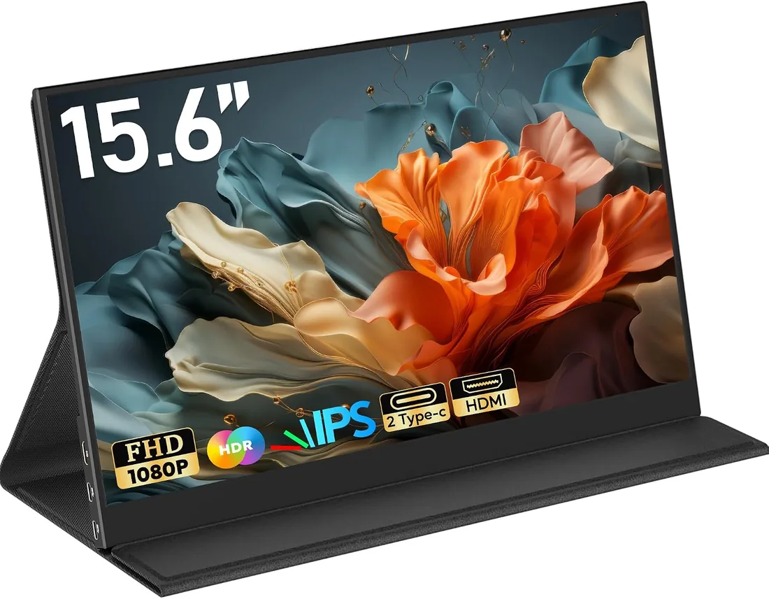 HONGO Monitor Portátil Pantalla Portatil Extensible 15.6 Pulgadas 1080P HDR IPS Pantalla Extensor, Portable Monitor HDMI USB C Pantalla para Portatil PC Mac Teléfono PS4/PS5 Switch con Smart Funda
