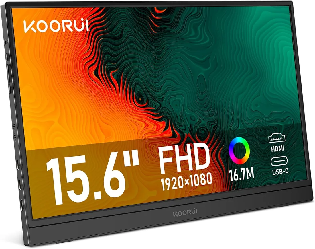 KOORUI Monitor Portátil 15,6" FHD HDMI/Type-C/USB-C Altavoces Integrados | 60Hz, IPS, Plug-and-Play, eye care, para PC, portátil, Xbox, Mac, PS3/4/5, FHD 1920x1080