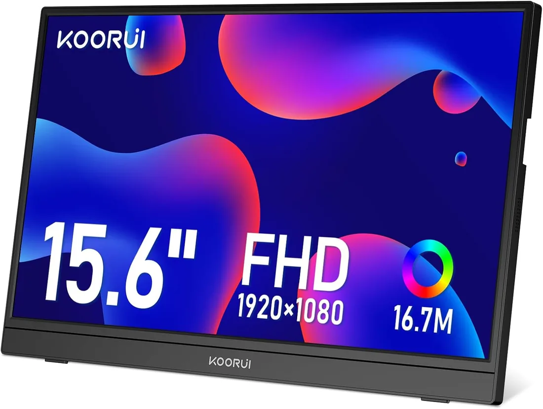 KOORUI Monitor Portátil 15,6 Pulgadas IPS FHD 60Hz HDMI/Type-C/USB-C | Altavoces integrados, Plug-and-Play, eye care, para PC, portátil, Xbox, Mac, PS3/4/5, FHD 1920x1080