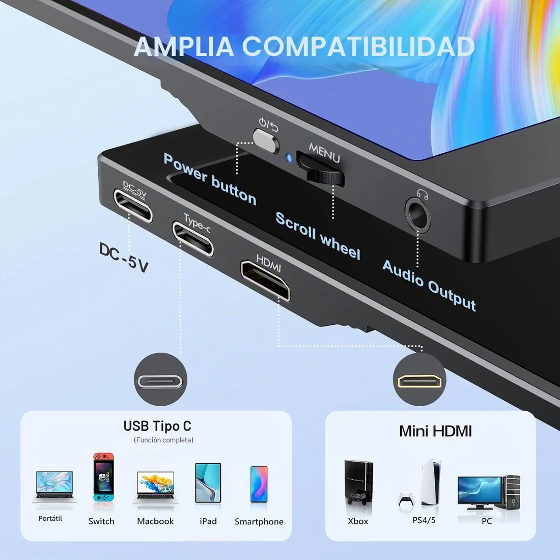 Monitor Portatil, 15.6 Pulgadas Pantalla Portatil, 1080P con USB-C | Portable Monitor con Mini HDMI/USB-C, para Computadora Portátil, PS5, Xbox, Teléfono foto 3
