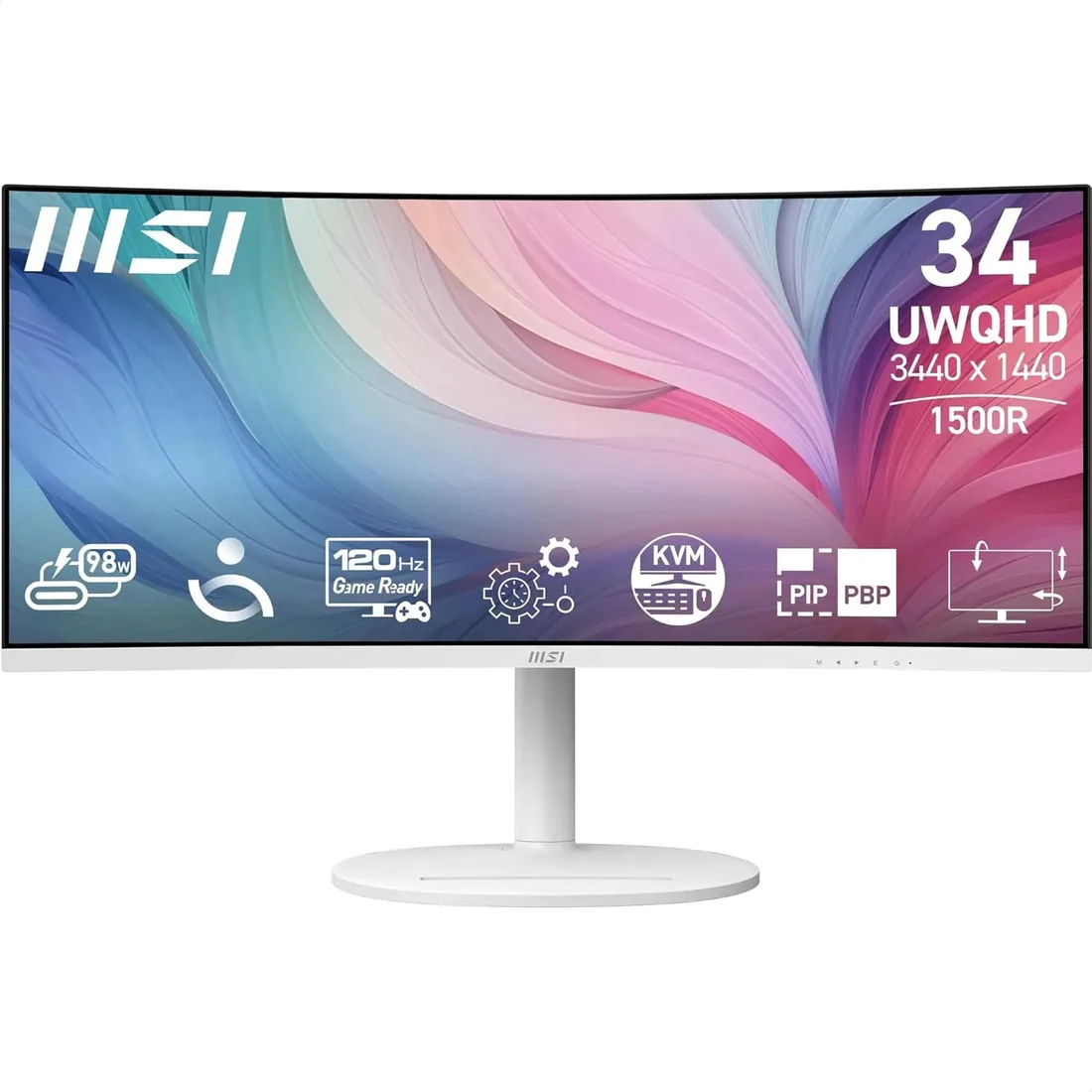 MSI Modern MD342CQPW Monitor Curvo de 34" UWQHD 1500R, Panel VA 3440 x 1440, 21:9, KVM, Pip/PBP, 120Hz, 300 nits, Anti-Glare, Altavoces Integrados, Ajustable en 3 direcciones, HDMI 2.0b