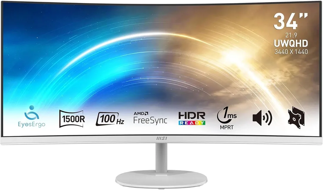 MSI PRO MP341CQW Monitor profesional – Panel curvo 34” UWQHD 3440 x 1440 1500R, tasa de refresco de 100Hz, tiempo de respuesta de 1ms (MPRT), DP, HDMI, HDR Ready, compatible con montaje VESA