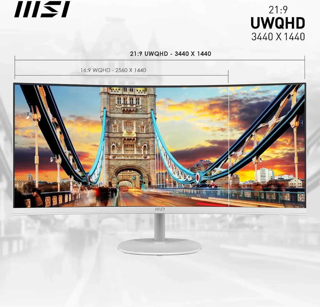 MSI PRO MP341CQW Monitor profesional – Panel curvo 34” UWQHD 3440 x 1440 1500R, tasa de refresco de 100Hz, tiempo de respuesta de 1ms (MPRT), DP, HDMI, HDR Ready, compatible con montaje VESA foto 2