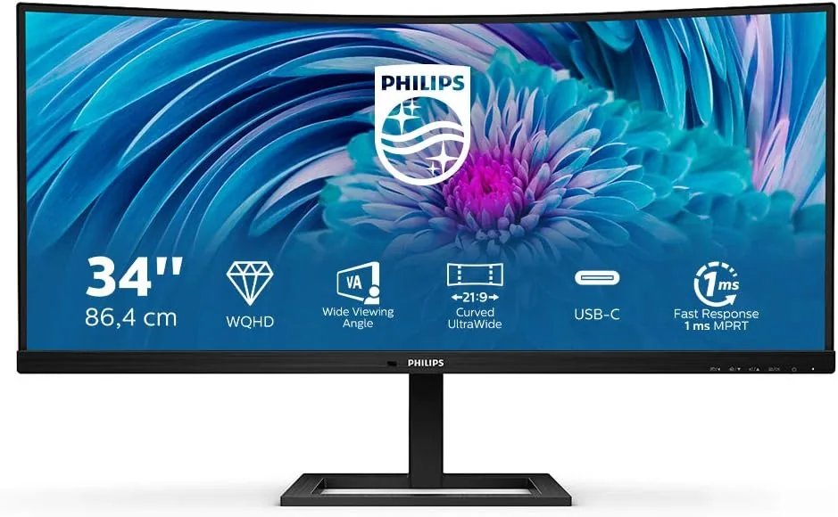 Philips Monitors 346E2CUAE/00-34" Curved 1500R, WQHD, 100Hz, 1ms, VA, Adaptive Sync (3440x1440, 300cd/m, 2xHDMI, DisplayPort 1x1.2), Negro foto 2