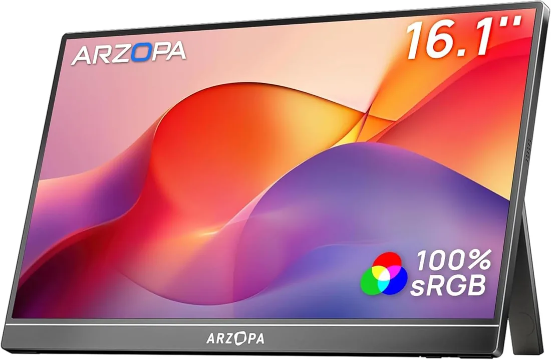 ARZOPA [Ganador del Red Dot 2026] Monitor Portátil 16,1", FHD IPS 100% sRGB, USB-C y Mini HDMI, Protección Ocular, con Soporte Integrado, para PC, Mac, PS5 y Xbox - Z1C