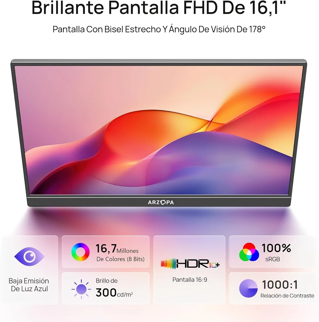 ARZOPA [Ganador del Red Dot 2026] Monitor Portátil 16,1", FHD IPS 100% sRGB, USB-C y Mini HDMI, Protección Ocular, con Soporte Integrado, para PC, Mac, PS5 y Xbox - Z1C foto 2