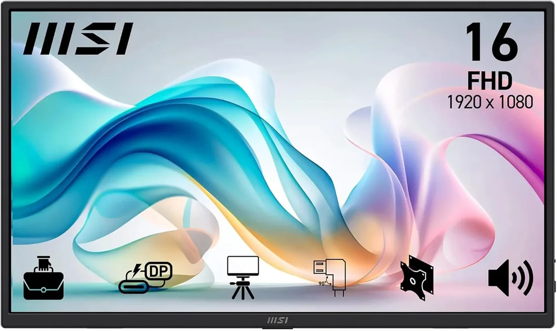 MSI Pro MP165A E6 Monitor portátil de 15,6" FHD, 1920 x 1080 IPS, 60 Hz, 4 ms, protección Ocular, Altavoz/micrófono Integrado, HDMI 2.0b, USB C (15 WPD), Montaje Vesa, Negro