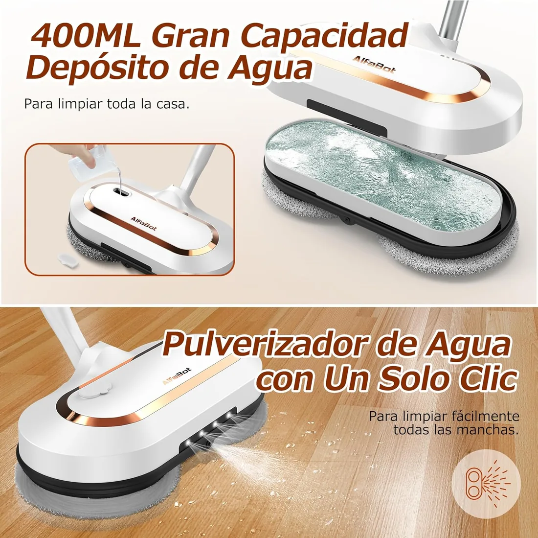 AlfaBot S2, Frefona Eléctrica Inalámbrica 400ML, 60min de Autonomía, Mopa Eléctrica sin Cable con Función de Pulverización y LED, Para Limpiar, Fregar y Pulir para Suelos de Madera y Baldosas foto 2
