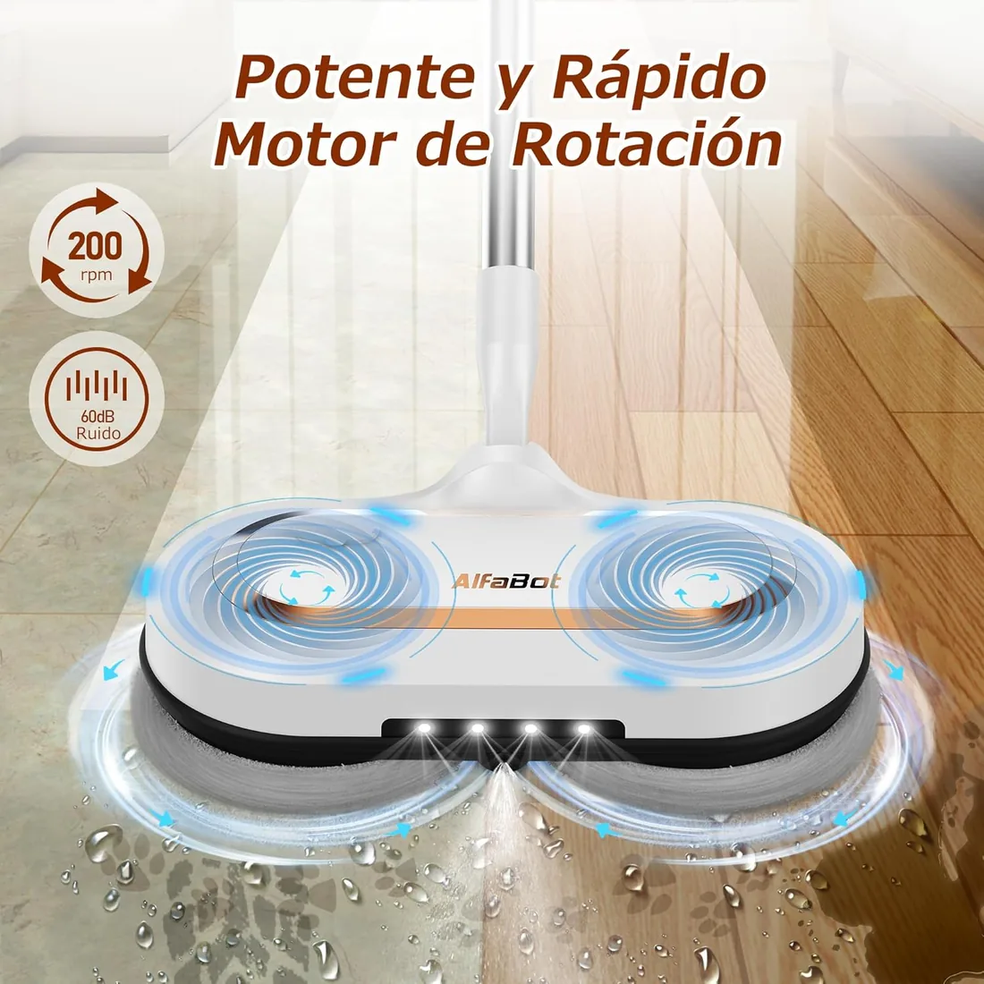 AlfaBot S2, Frefona Eléctrica Inalámbrica 400ML, 60min de Autonomía, Mopa Eléctrica sin Cable con Función de Pulverización y LED, Para Limpiar, Fregar y Pulir para Suelos de Madera y Baldosas foto 3