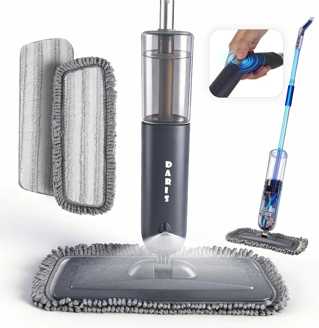 Trapeador eléctrico con Spray de gatillo bajo Demanda, Kit de fregona Alimentado por Pilas, Kit de Inicio de Limpiador de Suelos con 2 Almohadillas de Repuesto Reutilizables y Botella Recargable de