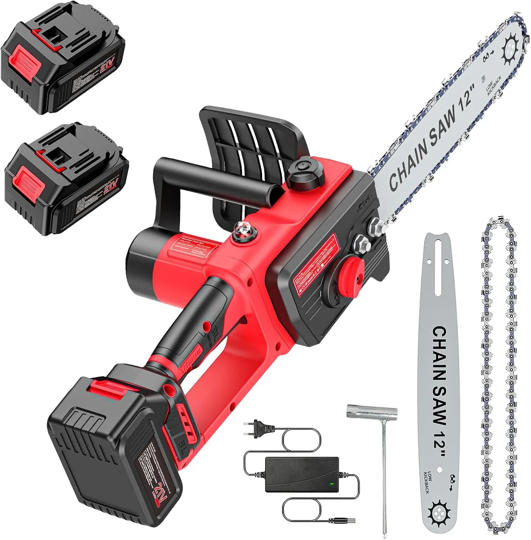 Motosierra Brushless con Bateria 4000mAh*2, Motosierra Electrica 12 Pulgadas, Motosierra Bateria, Sierra Electrica Podar Arboles, Lubricacion Automatica, Tension Cadena sin Herramientas, para Madera