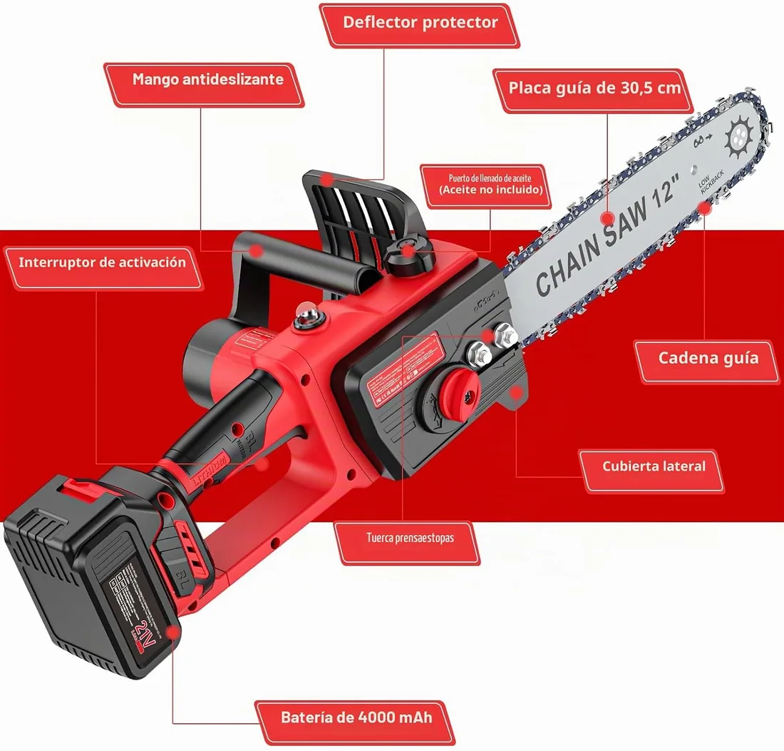 Motosierra Brushless con Bateria 4000mAh*2, Motosierra Electrica 12 Pulgadas, Motosierra Bateria, Sierra Electrica Podar Arboles, Lubricacion Automatica, Tension Cadena sin Herramientas, para Madera foto 2