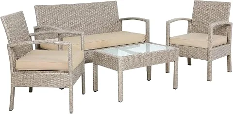 CASARIA Conjunto de Muebles Jardín 4 Piezas Poliratán Mesa Cristal Gris foto 3