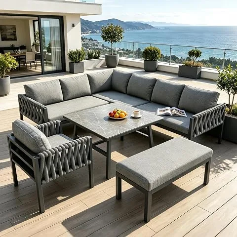 Juego de muebles de jardín para exteriores (5 piezas, en forma de L, 6 – 8 plazas, sofá de esquina, mesa, banco, sillón con reposabrazos, trenzado, cojines incluidos) foto 3