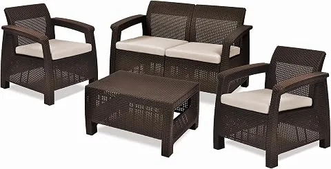 Keter Corfu Conjunto de jardín Exterior 4 plazas y Mesa con Cojines incluidos, Resina con Acabado ratán Plano, Marrón