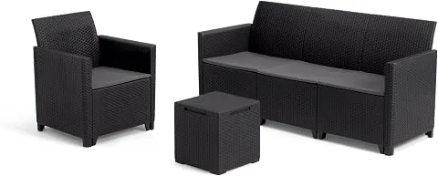 Keter Nora Conjunto de jardín Exterior 4 plazas con Cojines incluidos y Mesa de almacenaje Auxiliar de 35L, Posibilidad de 2 configuraciones de Montaje (2+2 o 3+1), Color Grafito