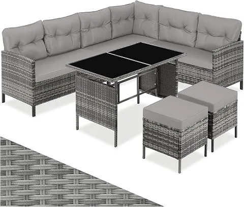 tectake® Conjunto Jardín de Ratán Mesa y Cojines, Conjunto Terraza Resistente a la Intemperie, Muebles Jardín Exterior 5 Piezas, Sofá de Esquina, 2 Taburetes y 1 Mesa - Gris/Beige foto 2