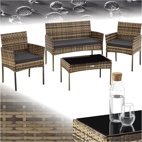 tectake® Conjunto Jardin Exterior de Ratán, Muebles Jardin Exterior para 4 Personas, Muebles Terraza con Mesa de Vidrio, Sofa Exterior y Sillas con Cojines Lavables, Sillon Cómodo - Natural foto 2