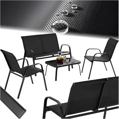 tectake® Conjunto Jardin Exterior para 4 Personas, Mesa con Vidrio de Seguridad, Muebles Jardin Exterior con Estructura de Acero, Muebles Terraza y Sofa Terraza - Negro