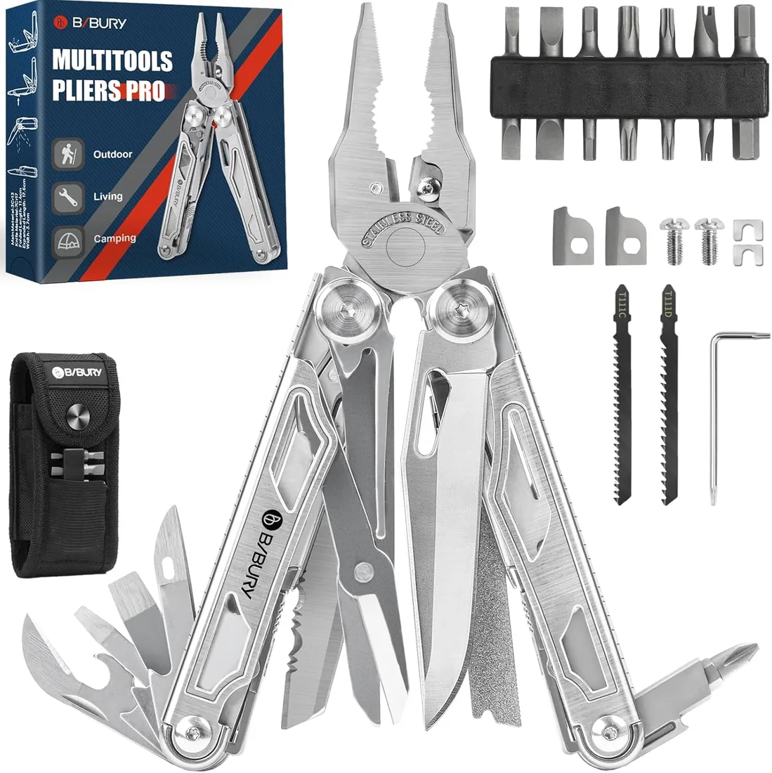 BIBURY Multiherramienta de Alicates, Navaja Multiusos de Acero Inoxidable con Tijeras y Juego de Destornilladores, Portátiles Alicates Plegables para la Trabajo Exterior, Camping, Reparación - Pro
