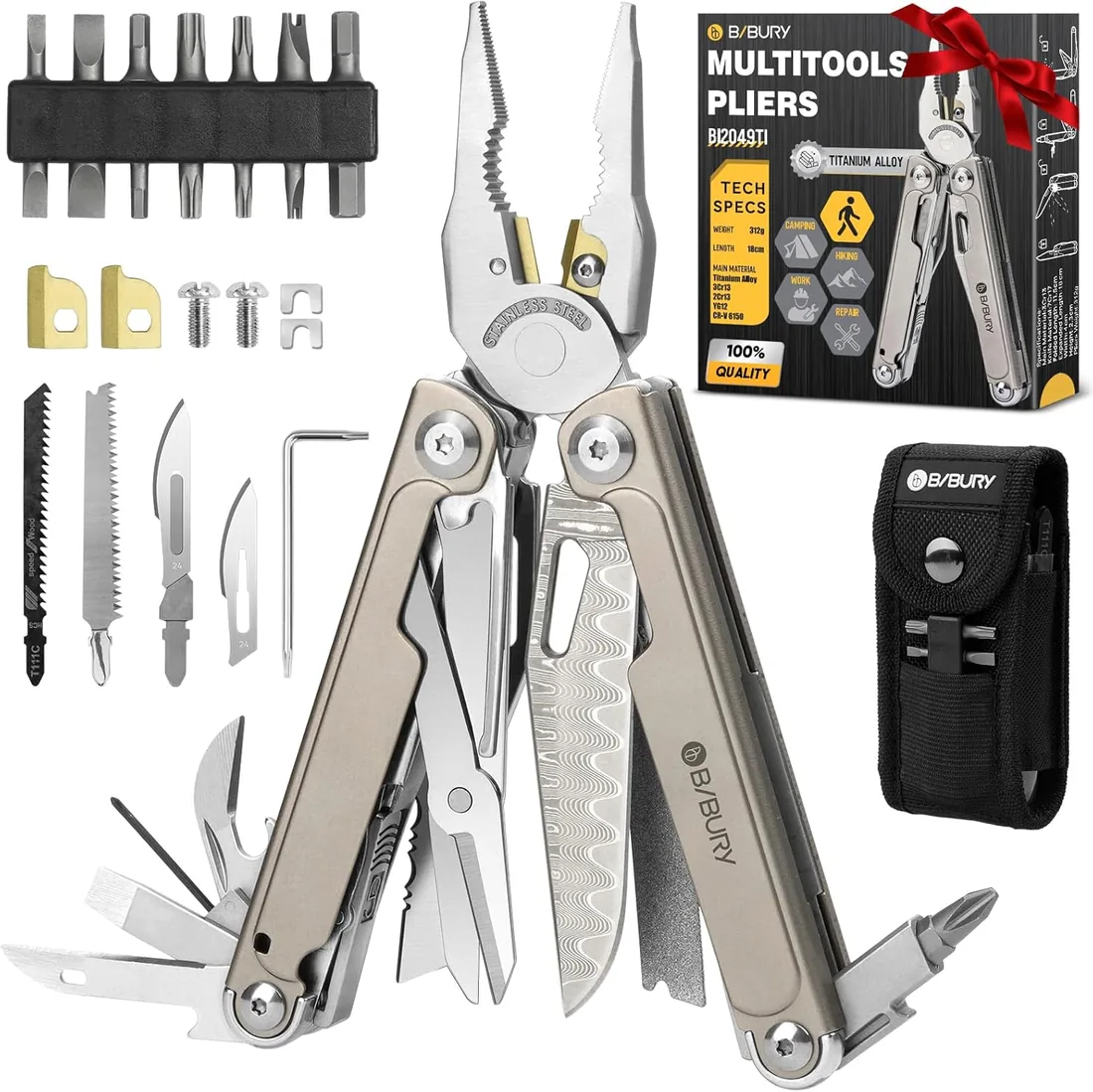 BIBURY Multiherramienta Titanio y Acero Damasco - Alicates Multiusos con Navaja Supervivencia, Tijeras, Sierra Intercambiable y Puntas - EDC Multitool para Camping, Reparar y Regalo Hombre BI2049TI foto 2