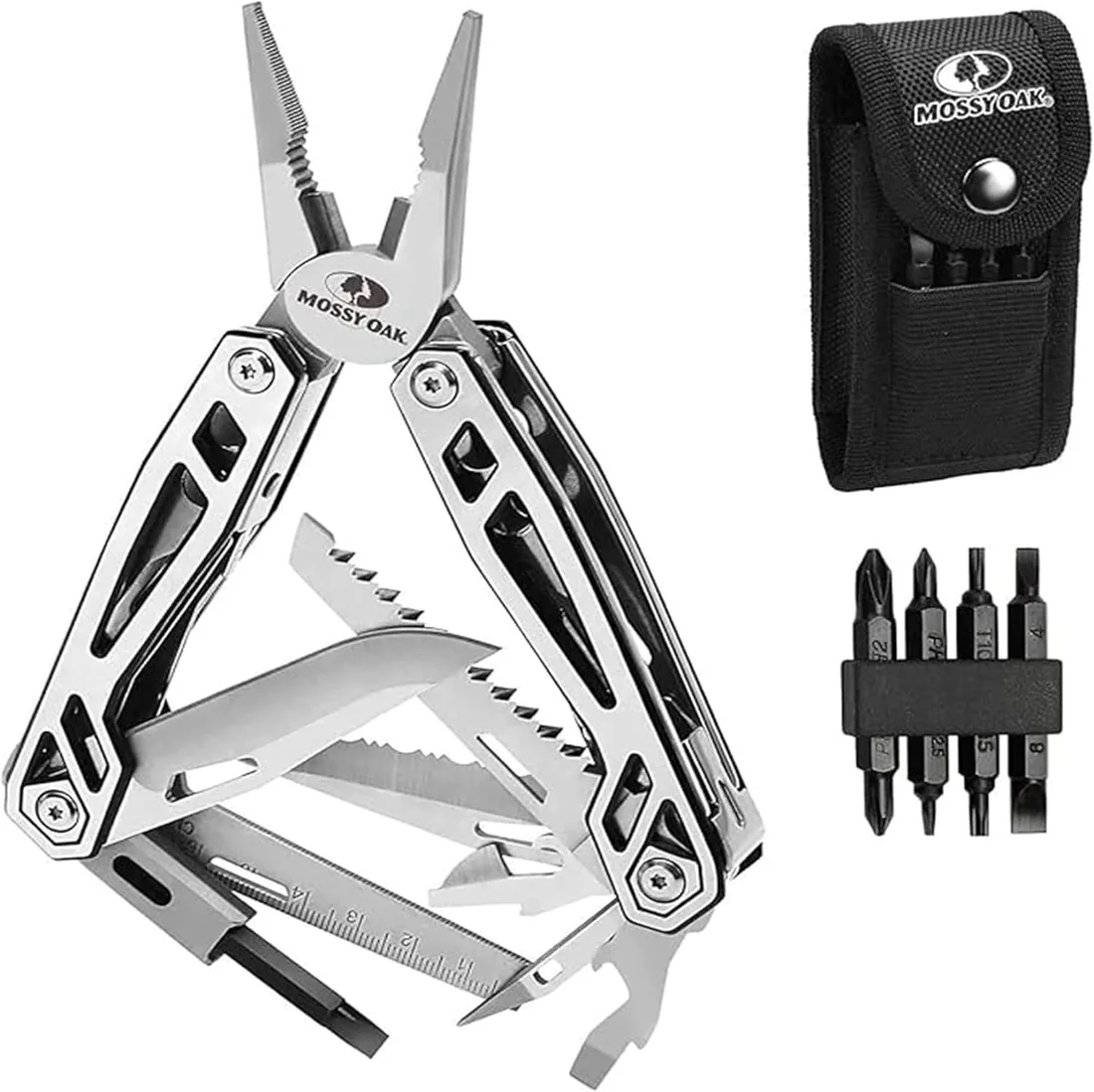 Mossy Oak Alicate Multiherramienta 21 en 1 | Navaja Multiusos con Cuchillo, Destornillador y Bolsa Portátil para Camping, Reparación, Senderismo y Uso Diario