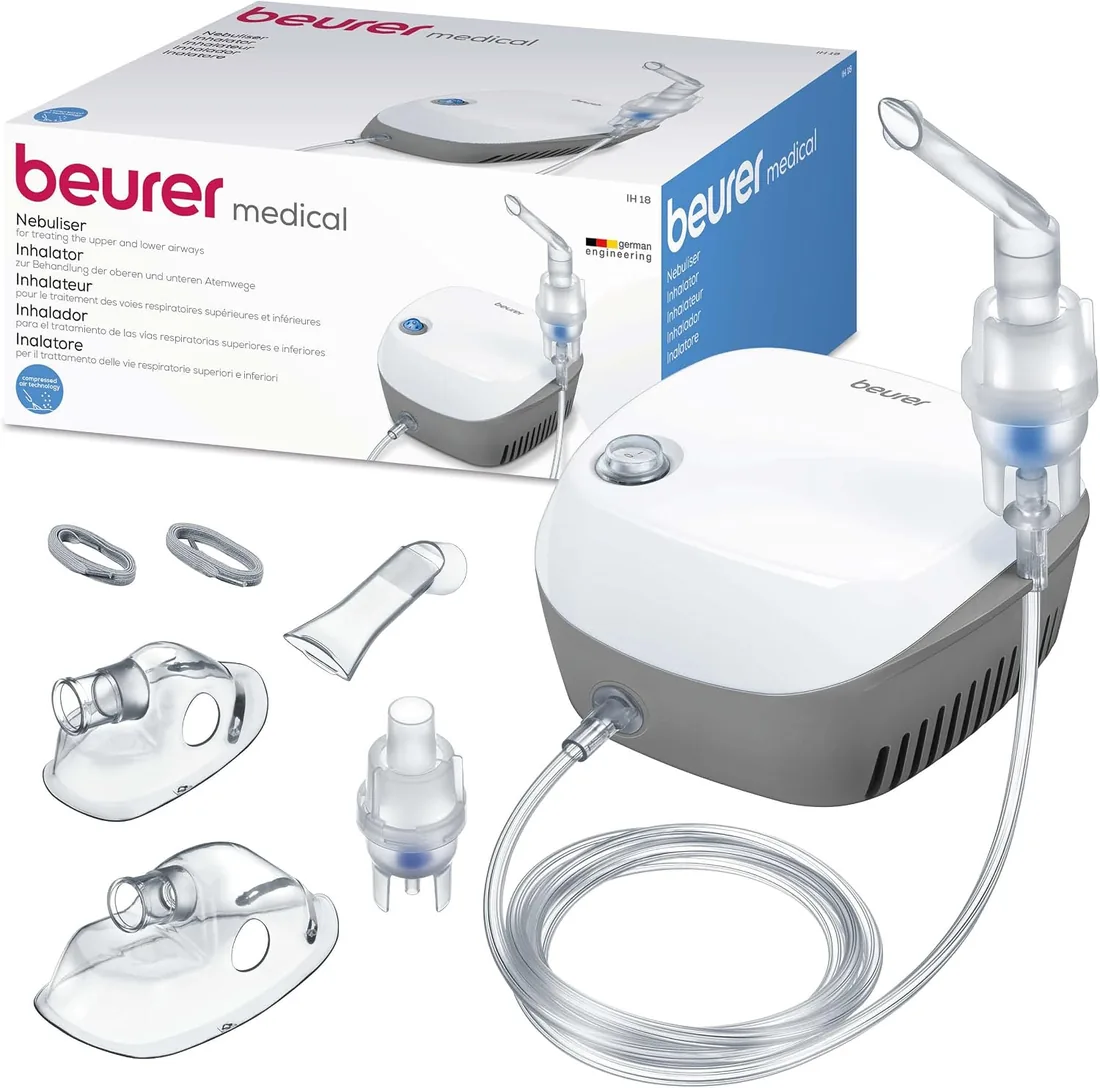 Beurer IH 18 Nebulizador, Inhalador para resfriados y enfermedades respiratorias como asma y EPOC, para la nebulización de medicamentos, nebulizador para adultos y niños, diseño en blanco, compacto