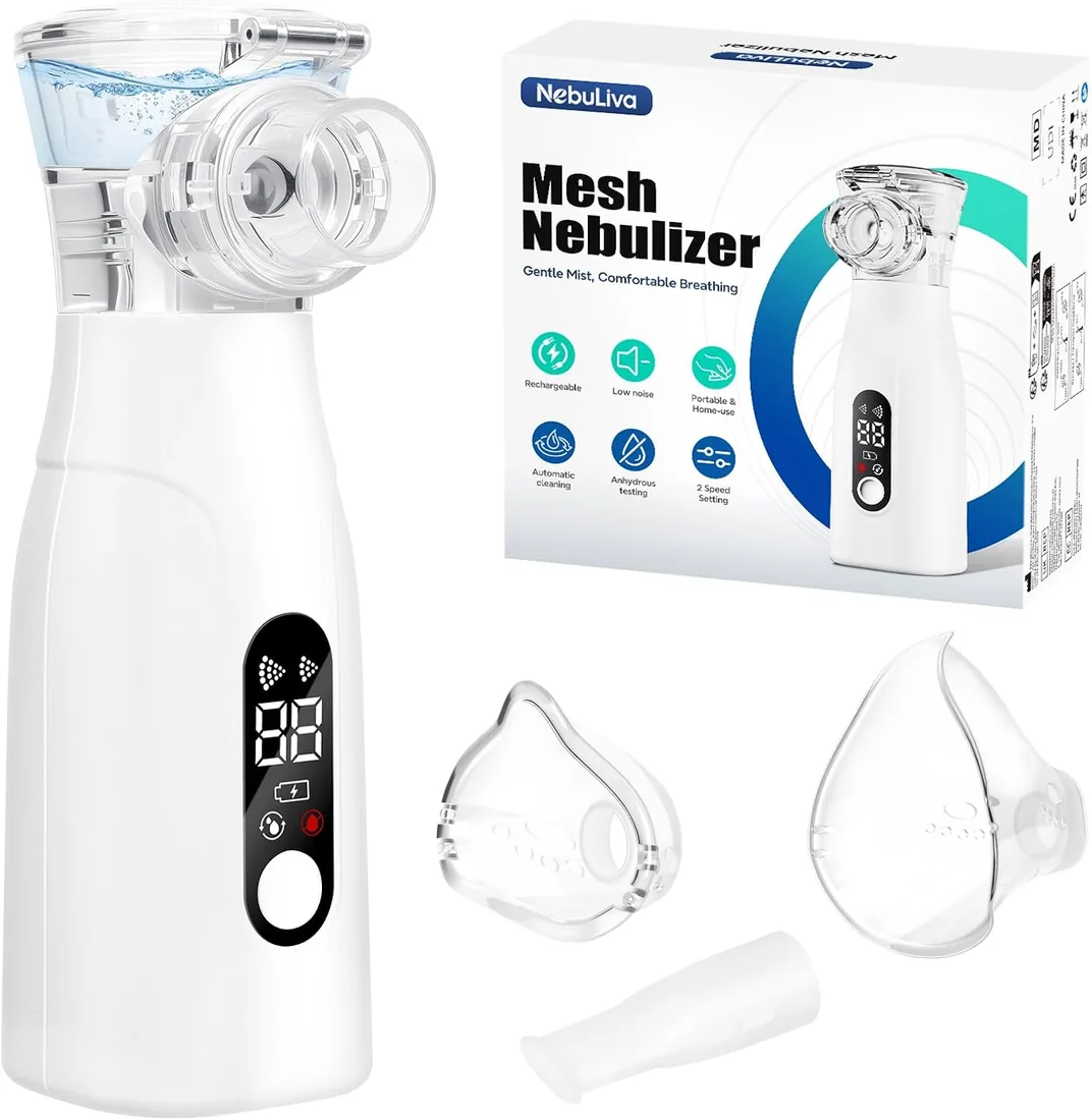 Nebulizador Portátil para Adultos y Niños | Pantalla digital inteligente, Función autolimpiable, Recargable, Silencioso, Incluye 2 mascarillas y 1 boquilla foto 3