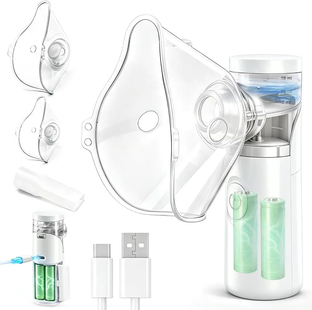 Nebulizador portátil silencioso recargable,atomización y absorción eficientes, adecuados para adultos y niños,accesorios con 2 máscaras y 1 boquilla,uso familiar y viajes (Blanco Luna) foto 2