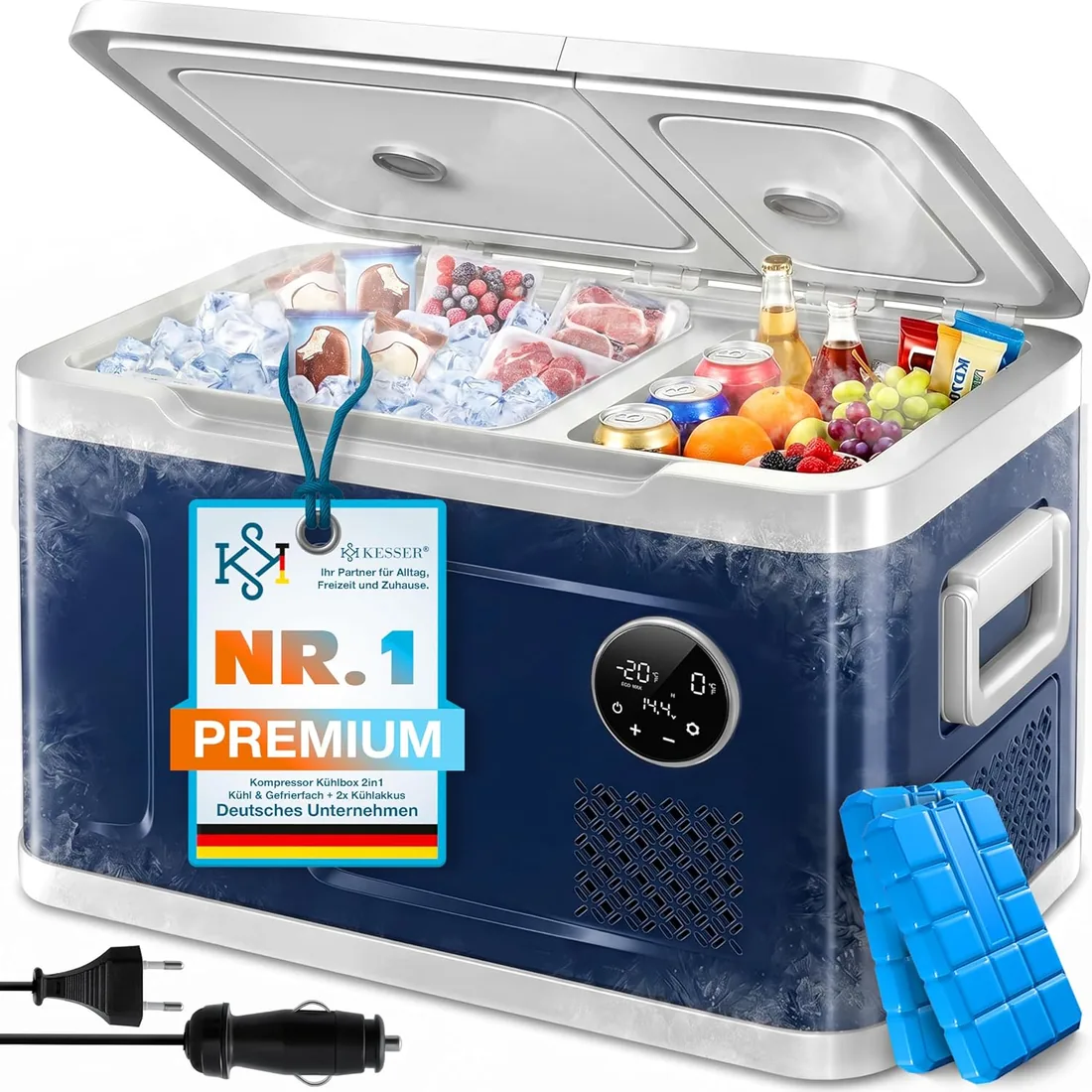 KESSER® Nevera eléctrica de compresor 2 en 1, congelador eléctrico de 31 litros, control táctil LED, 12/24V y 230V, enfriamiento hasta -20 °C para coche, camión, camping | Azul marino