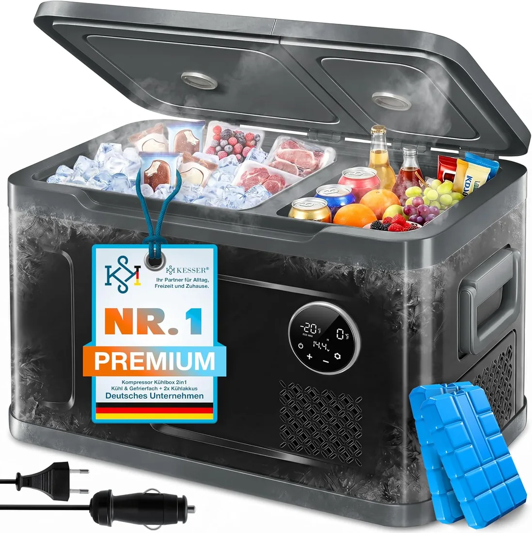 KESSER® Nevera eléctrica de compresor 2 en 1, congelador eléctrico de 31 litros, control táctil LED, 12/24V y 230V, enfriamiento hasta -20 °C para coche, camión, camping | Negro