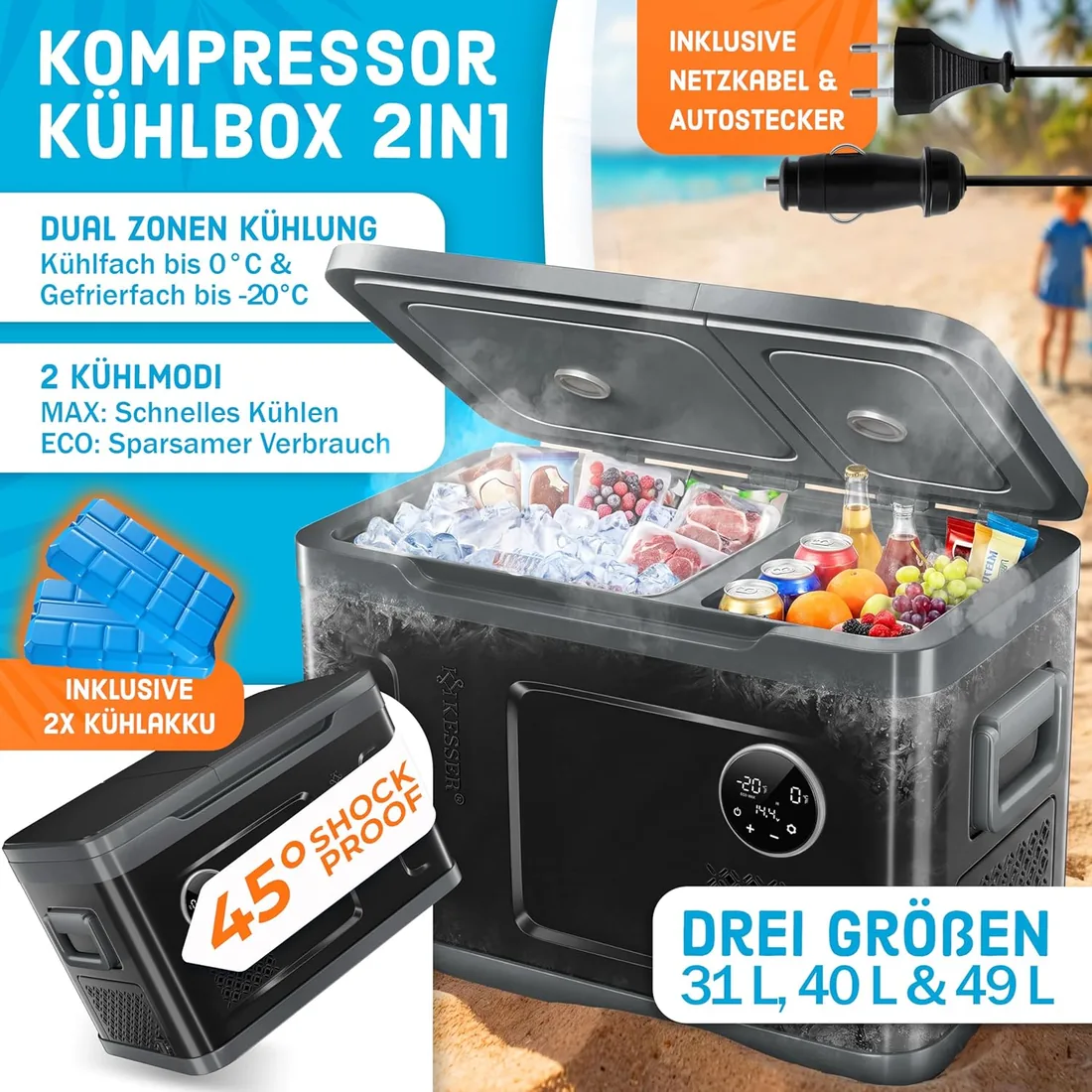 KESSER® Nevera eléctrica de compresor 2 en 1, congelador eléctrico de 31 litros, control táctil LED, 12/24V y 230V, enfriamiento hasta -20 °C para coche, camión, camping | Negro foto 2