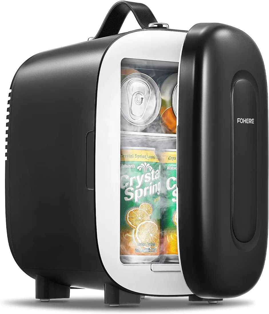 FOHERE Mini Nevera 5 Litros / 6 Latas | CA+CC | Silencioso Portátil | Enfriar y Calentar | Nevera pequeña para dormitorios, coches, oficinas, cuidado de la piel, viajes (Negro)