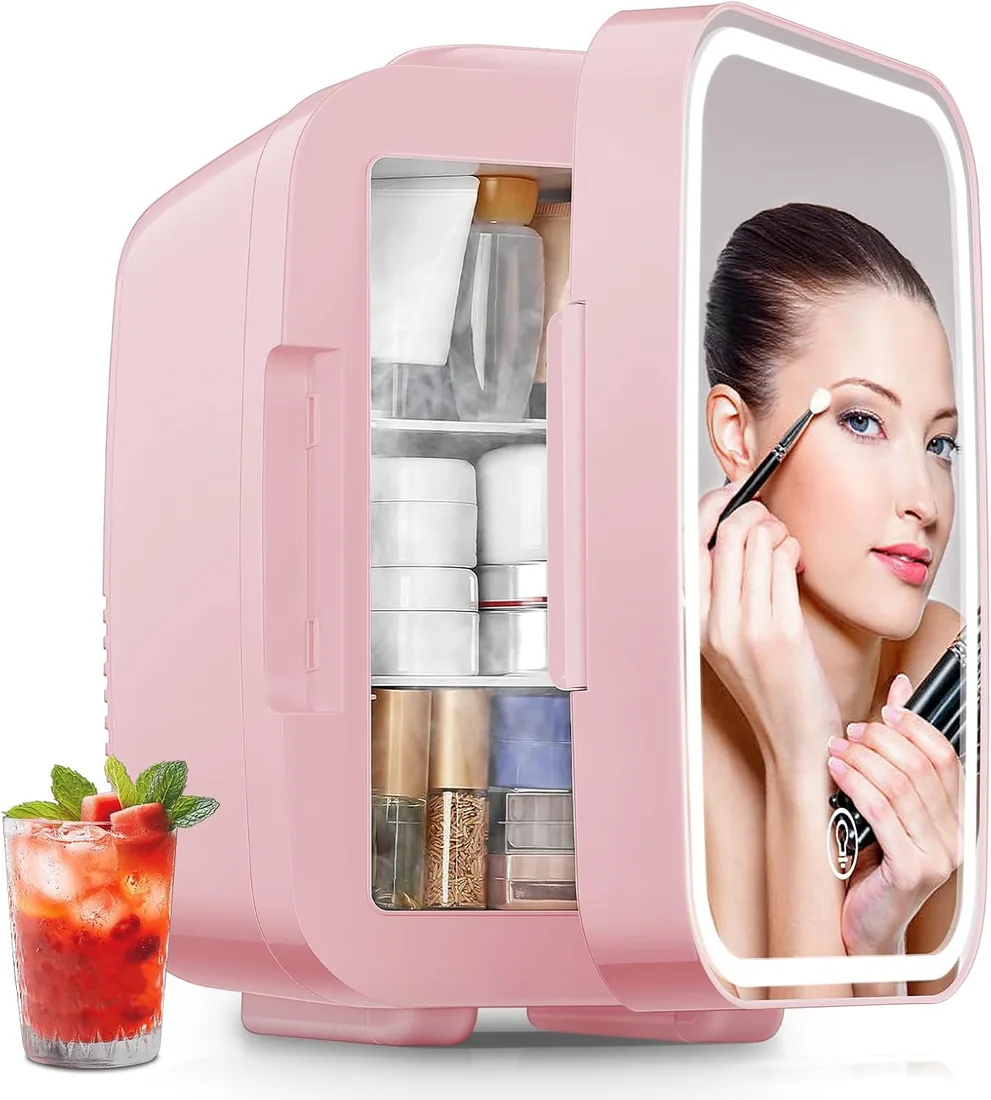 FOHERE Mini Nevera para Dormitorio, Skincare Nevera con Espejo LED, Pequeña Nevera de 5L Portátil, Calentador y Enfriador Termoeléctrico 220V AC para Oficina, Dormitorio (Rosa)