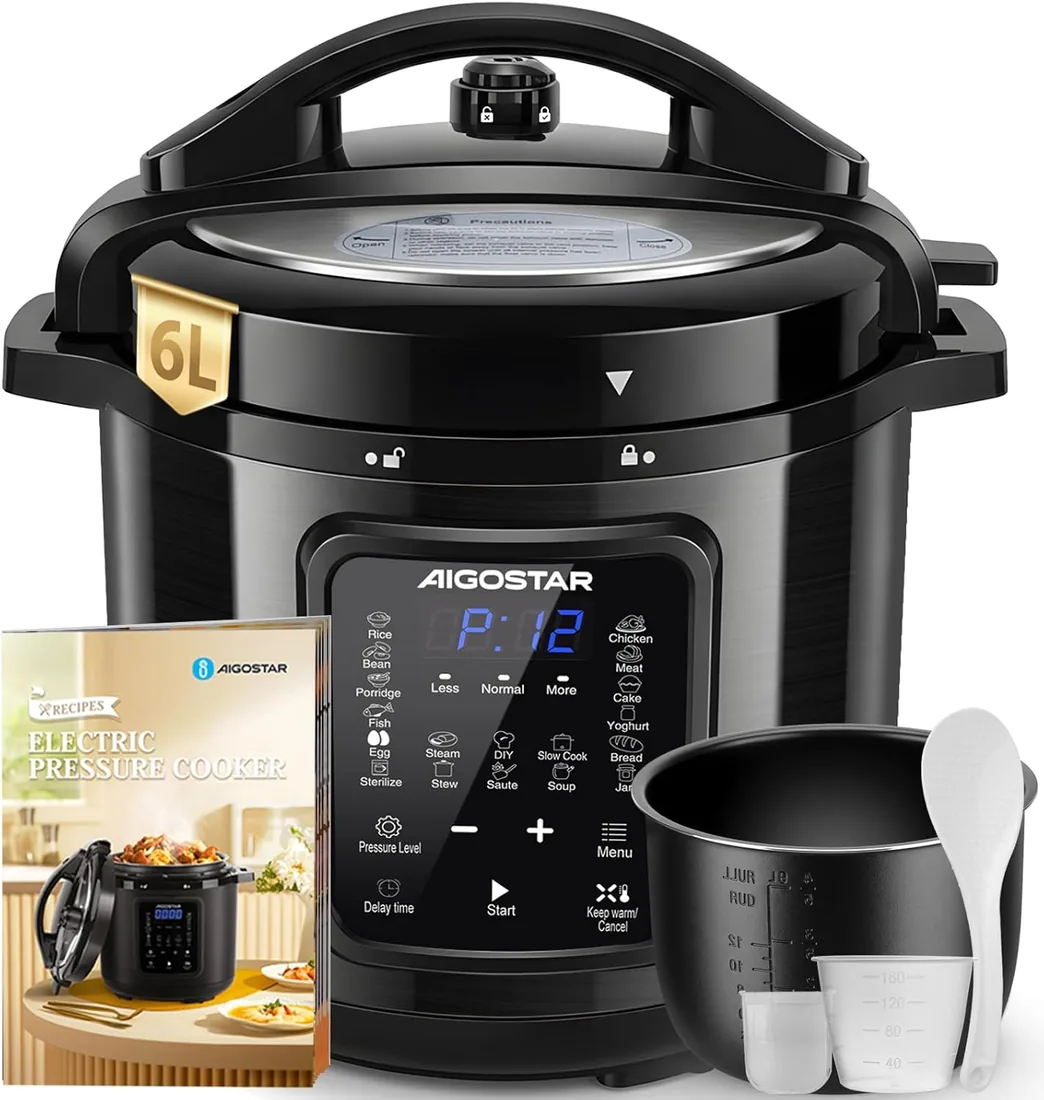 Aigostar Olla Eléctrica a Presión 6L 1000W Olla Express | Olla programable de 18 menús con temporizador 24 horas. Recipiente extraíble antiadherente. Presión y temperatura ajustables.