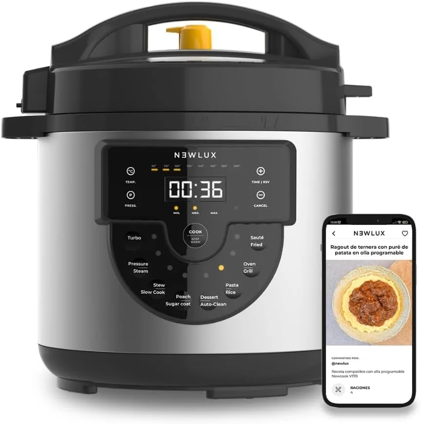 NEWLUX - Olla 6L Chef Pot V170, Olla a Presión Multifunción Eléctrica con Voz, 15 Funciones, 1000W, Programable 24h, 4 Niveles de Presión, Cubeta 100% Antiadherente | Accesorio para Freír