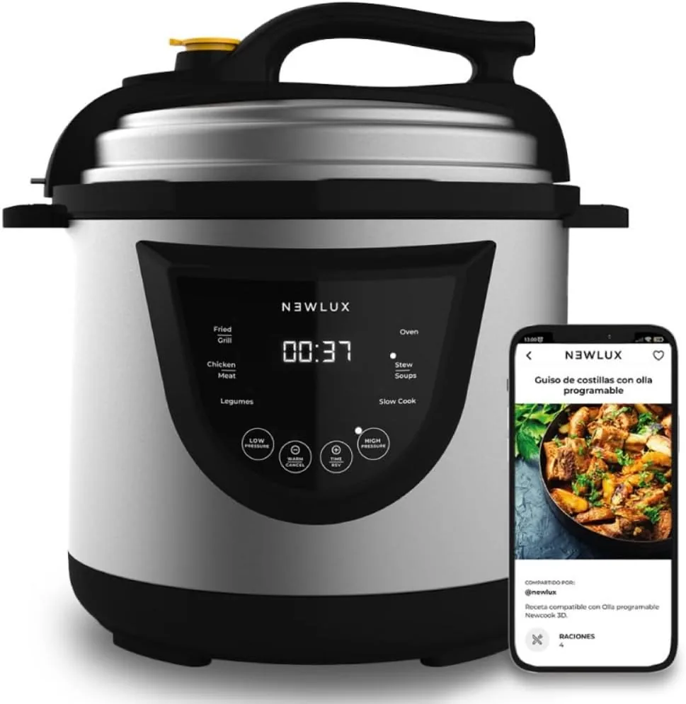 NEWLUX - Olla a Presión Programable 6L V110. Eléctrica de INOX, 10 Menús, 1000W, 24 h, Preserva el Calor, Efecto Presurización, Sistema Duopresión, Cubeta 100% Antiadherente, Acero inoxidable