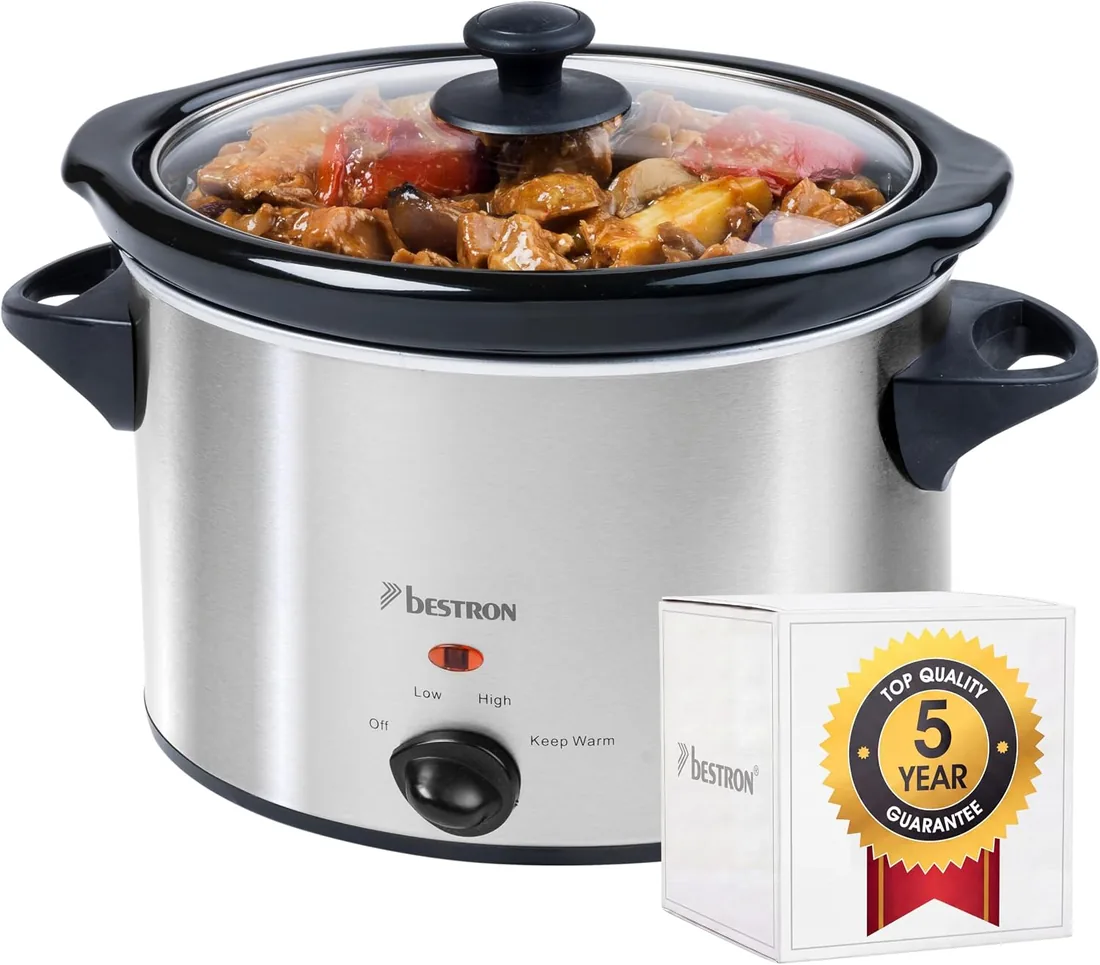 Bestron Olla de Cocción Lenta de Cerámica y Tapa de Vidrio, 3,5 Litros, 180 Vatios, Acero Inoxidable