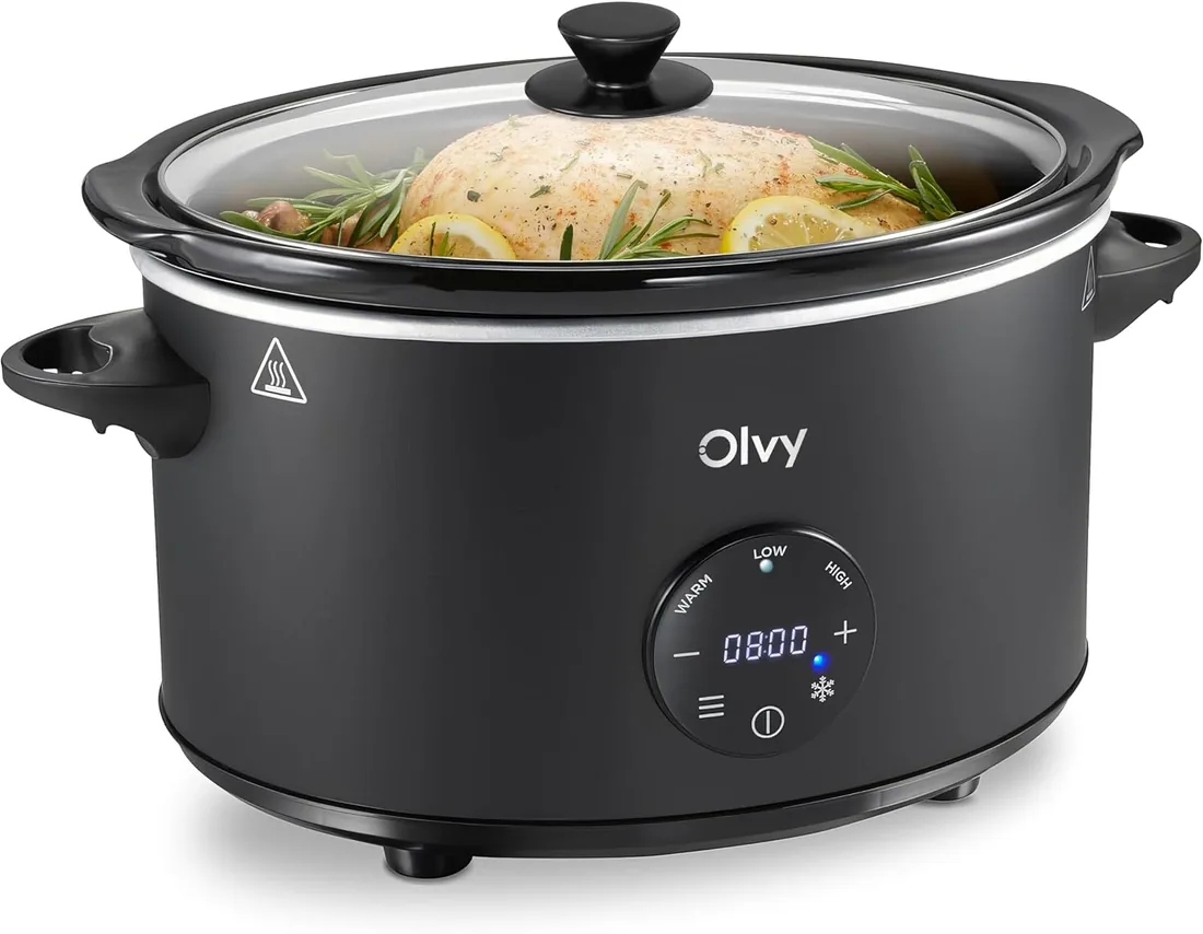 Olvy Slow Cooker 6L | olla de cocción lenta eléctrica para familias Meal | 1 pieza | Pro Modelo | Para asar y guisar | temporizador de 24 h y función de descongelación | olla interior de cerámica apta