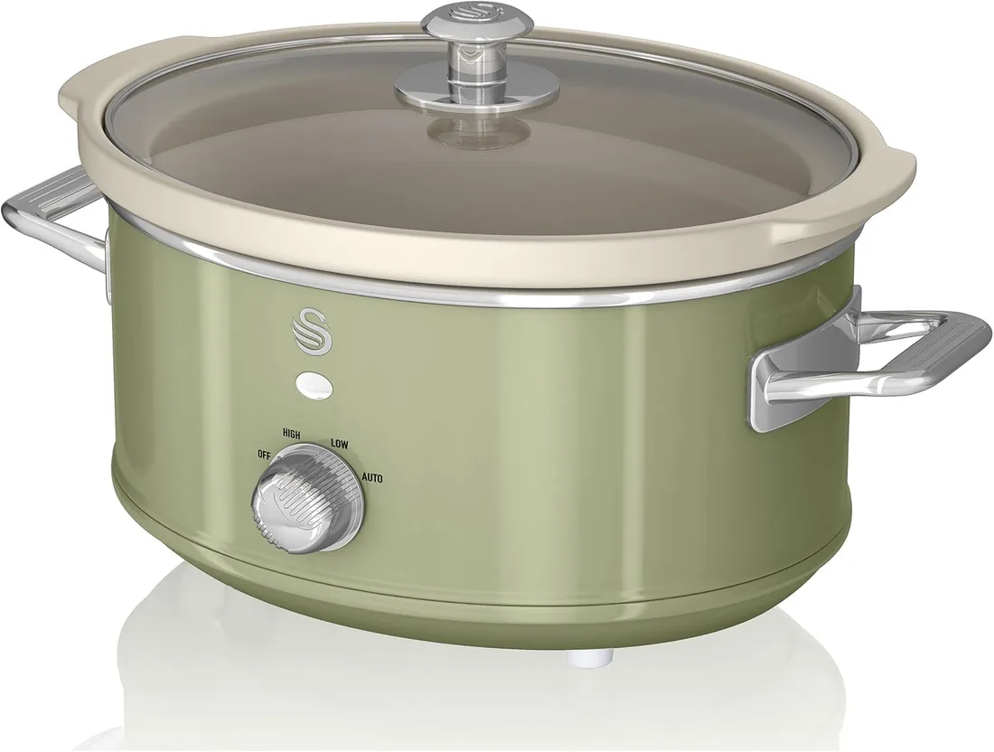Swan Retro SF17021GNEU Olla Cocción Lenta 3,5L Recipiente Extraíble, Antiadherente Cerámica libre PFOA y PTFE, 3 Niveles Temperatura, Tapa Vidrio, Slow Cooker, Diseño Vintage, Verde, 200W
