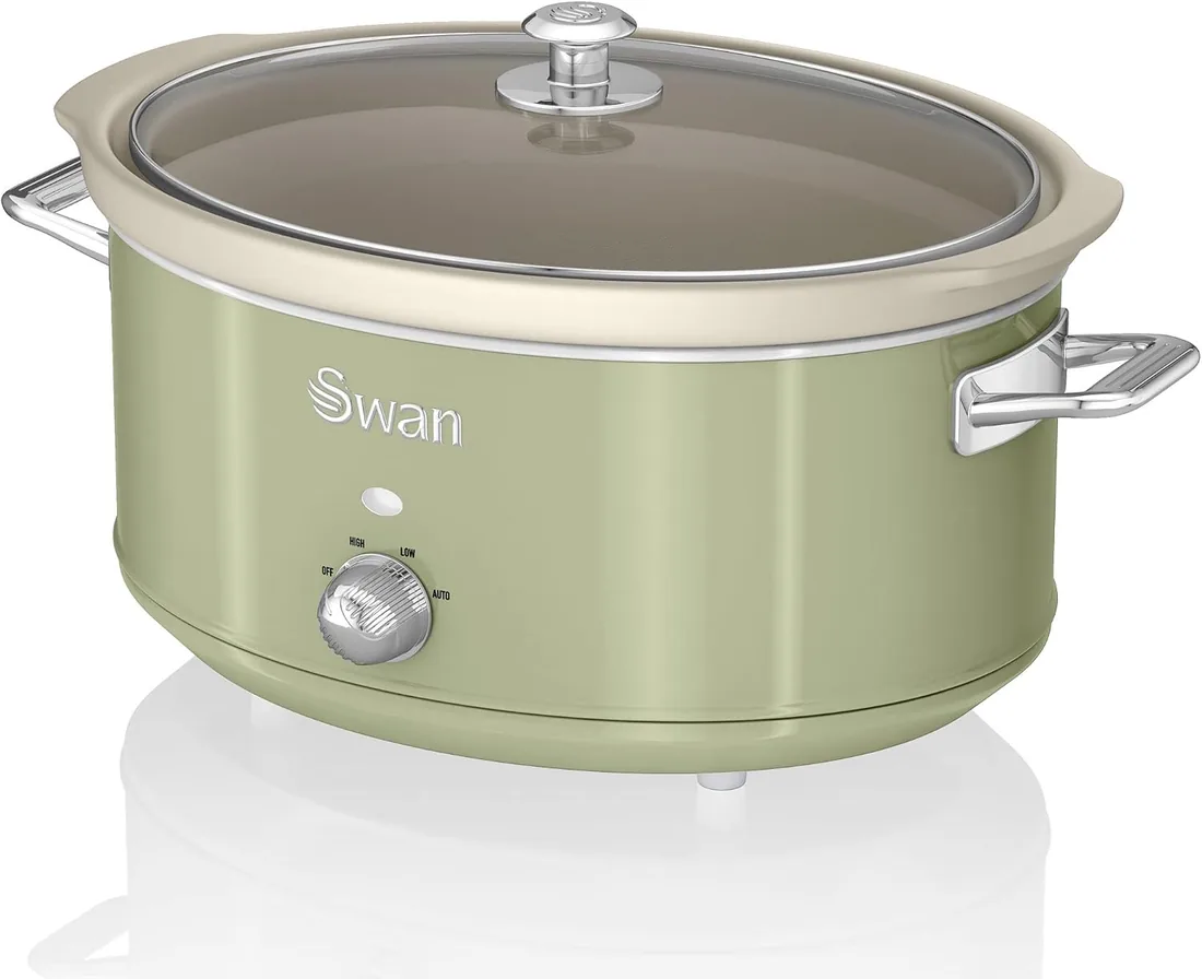 Swan Retro SF17031GNEU Olla Cocción Lenta 6,5L Recipiente Extraíble, Antiadherente Cerámica libre PFOA y PTFE, 3 Niveles Temperatura, Tapa Vidrio, Slow Cooker, Diseño Vintage, Verde, 320W