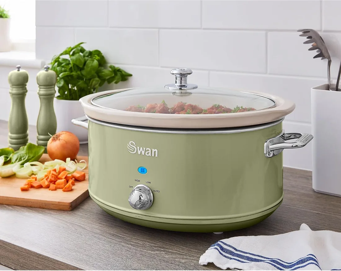Swan Retro SF17031GNEU Olla Cocción Lenta 6,5L Recipiente Extraíble, Antiadherente Cerámica libre PFOA y PTFE, 3 Niveles Temperatura, Tapa Vidrio, Slow Cooker, Diseño Vintage, Verde, 320W foto 2