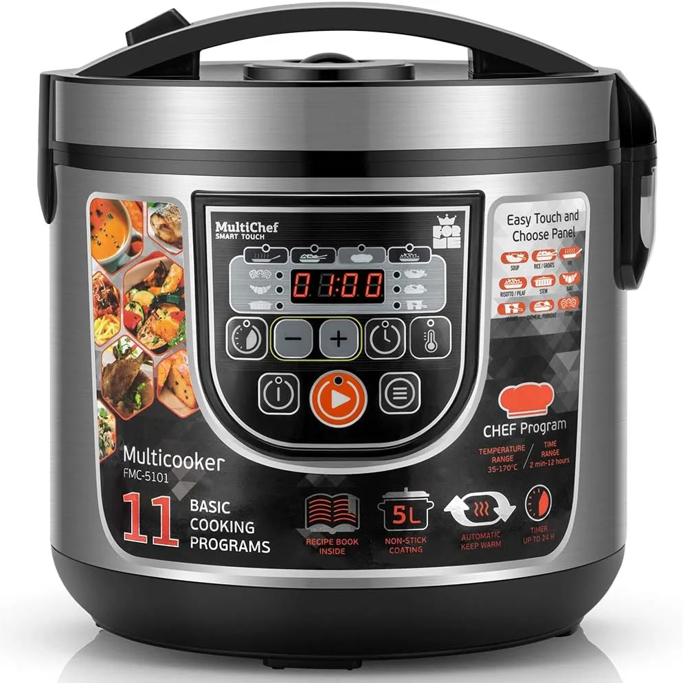 ForMe Robot de Cocina Multifunción 5L 860W Olla Programable Arrocera I 11 Menús Preconfigurados Función Mantener Caliente Hasta 24h I Temporizador de Retardo I Olla Baja Temperatura Inox Multicooker